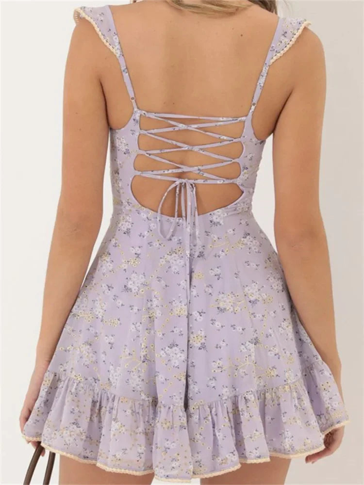 Vintage Floral Print Crisscross Tieup Mini Dresses