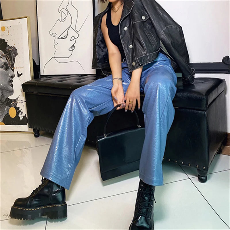 Vintage PU Leather High Waist Button StraightLeg Punk Streetwear Female Pants