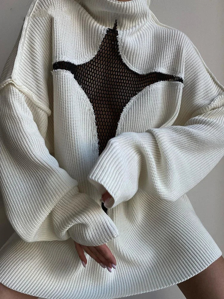 JuliaFashion Y2K Spring Autumn Hollow Out Knitwear Mesh Patchwork Long Sleeve High Neck Ribbed Knitted Pullovers Sweater