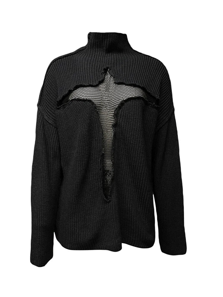 JuliaFashion Y2K Spring Autumn Hollow Out Knitwear Mesh Patchwork Long Sleeve High Neck Ribbed Knitted Pullovers Sweater