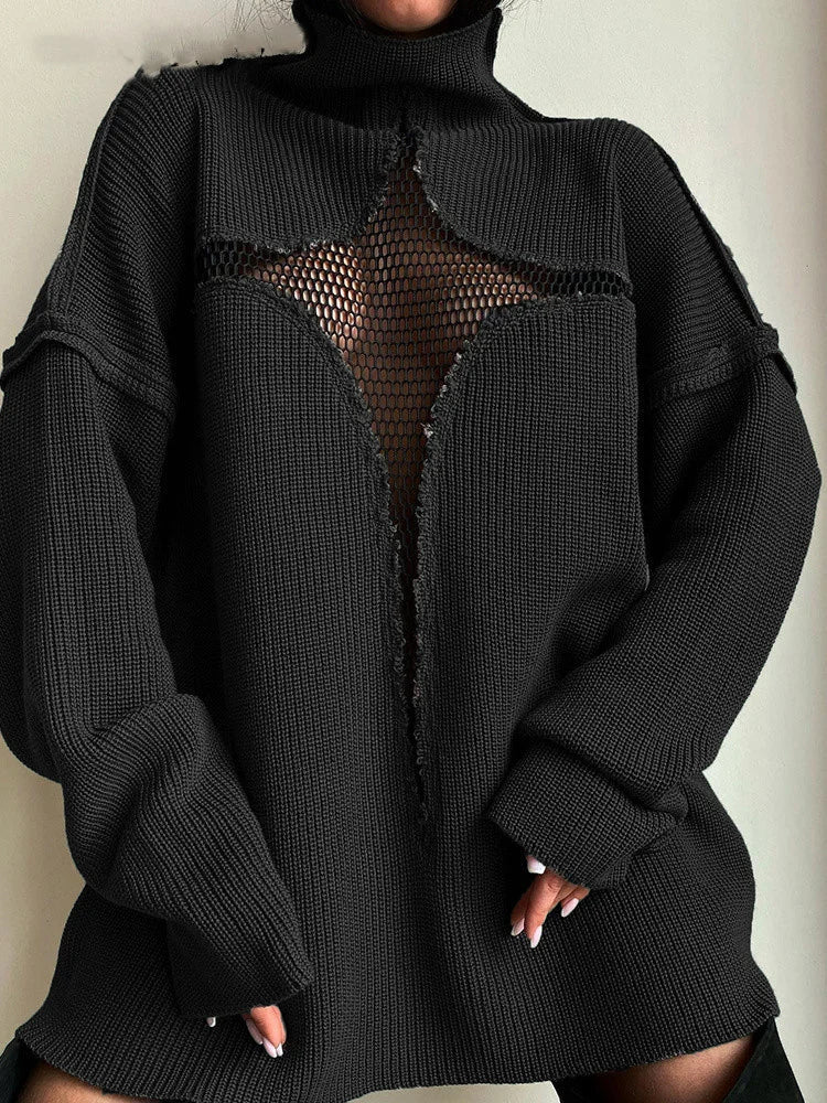 JuliaFashion Y2K Spring Autumn Hollow Out Knitwear Mesh Patchwork Long Sleeve High Neck Ribbed Knitted Pullovers Sweater