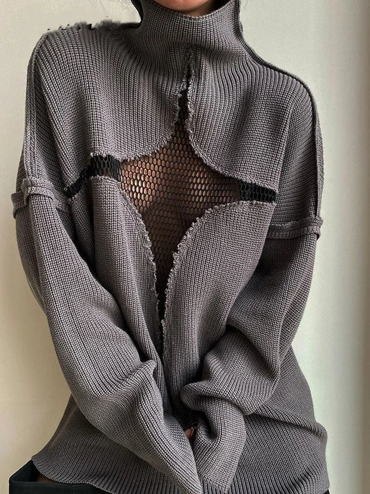 JuliaFashion Y2K Spring Autumn Hollow Out Knitwear Mesh Patchwork Long Sleeve High Neck Ribbed Knitted Pullovers Sweater