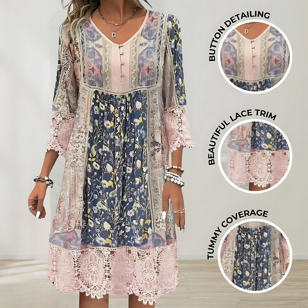 Pink V-Neck Floral Print Crochet Lace Trim Boho Midi Dress