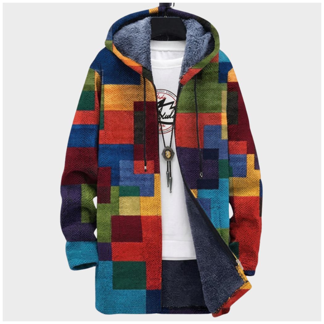 Multicolour Hooded Mosaic Colour-Block Sherpa-Lined Zip Coat