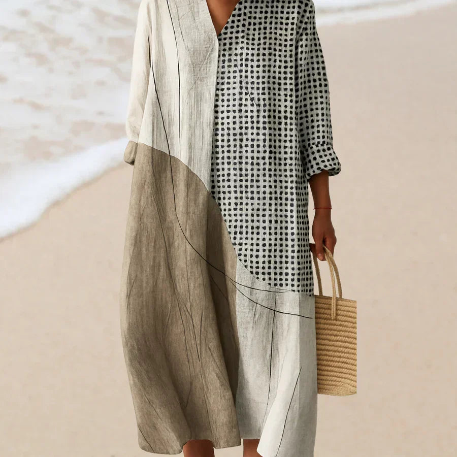 Beige V-Neck Polka Dot Colorblock Long Sleeve Linen Shift Midi Dress