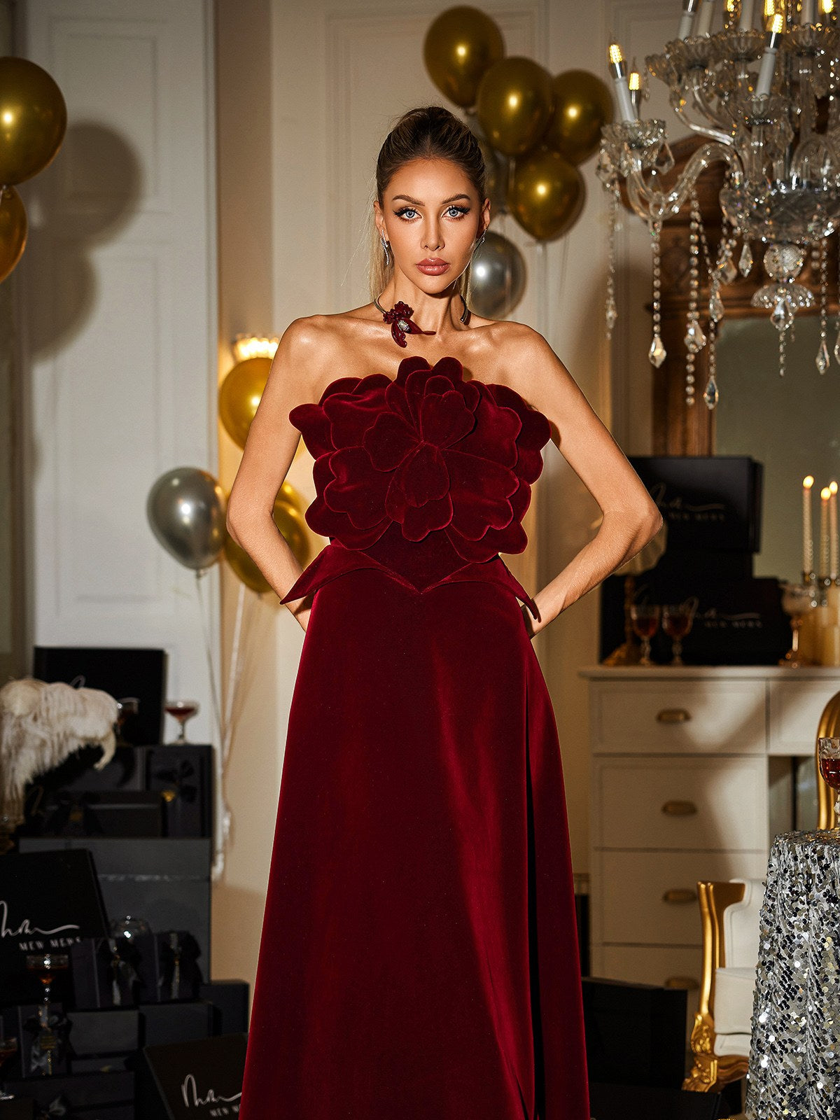 Strapless Flower Velvet Maxi Dress