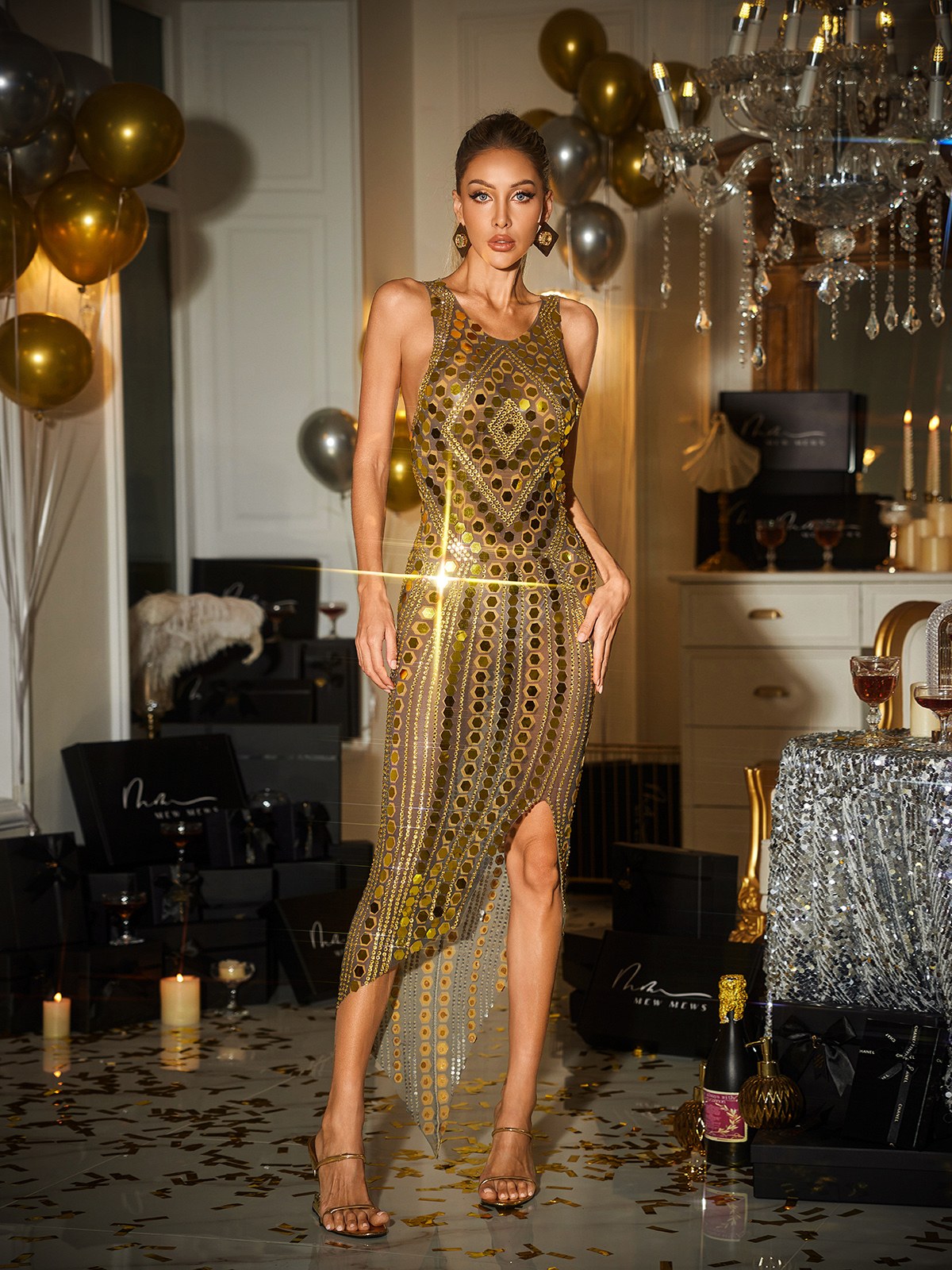 Sleeveless Sequin Diamond Midi Dress