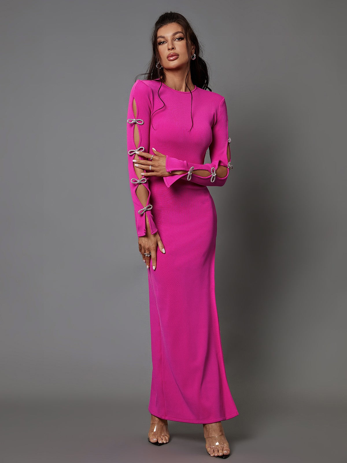 Crew Neck Crystal Bow Cutout Sleeve Bodycon Maxi Dress