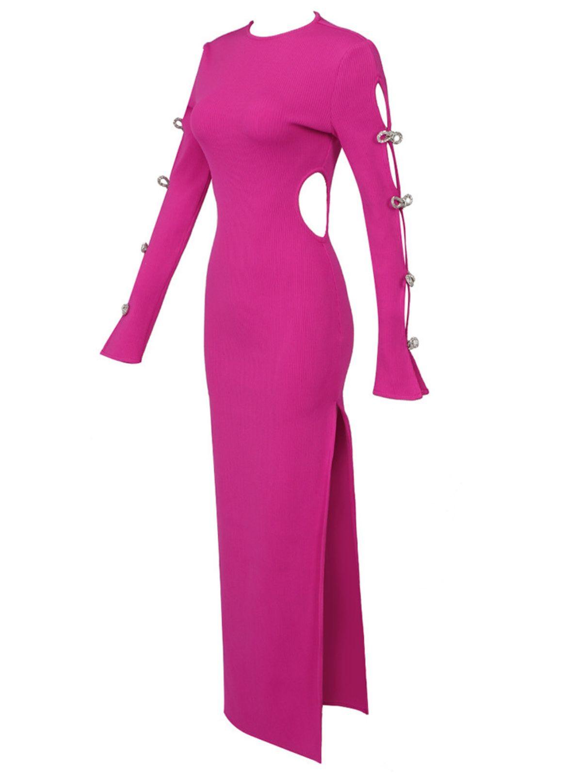Crew Neck Crystal Bow Cutout Sleeve Bodycon Maxi Dress