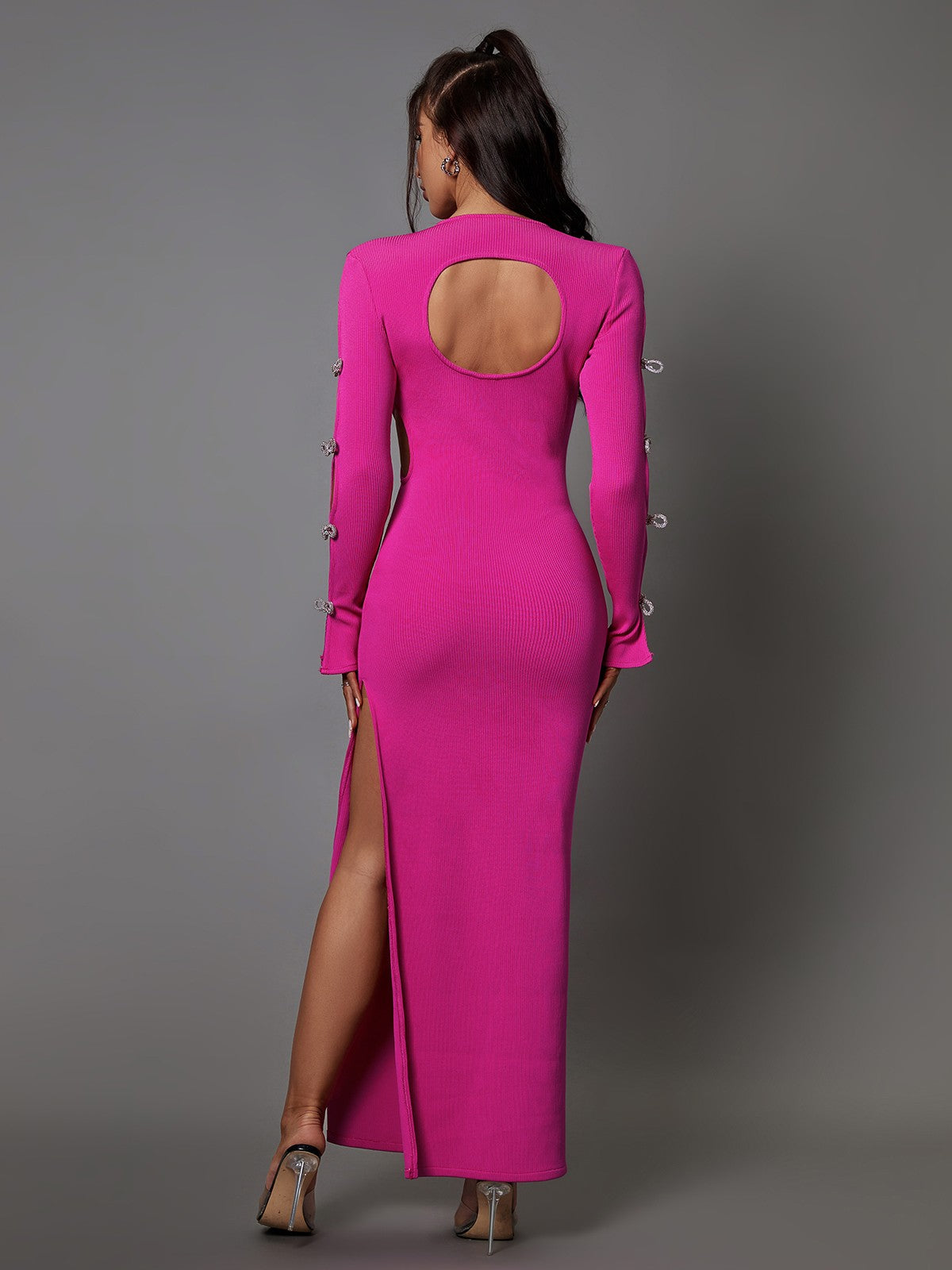 Crew Neck Crystal Bow Cutout Sleeve Bodycon Maxi Dress