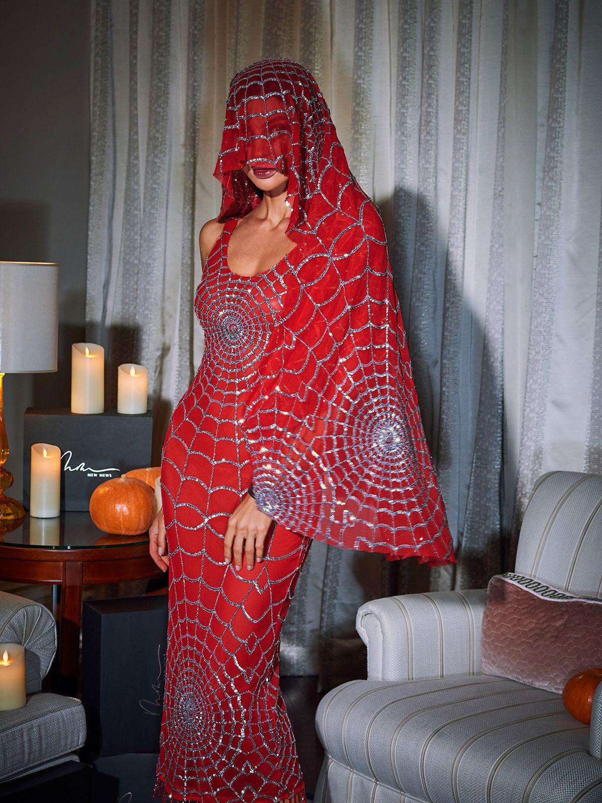 Scoop Neck Cobweb Sequin Midi Dress In Red