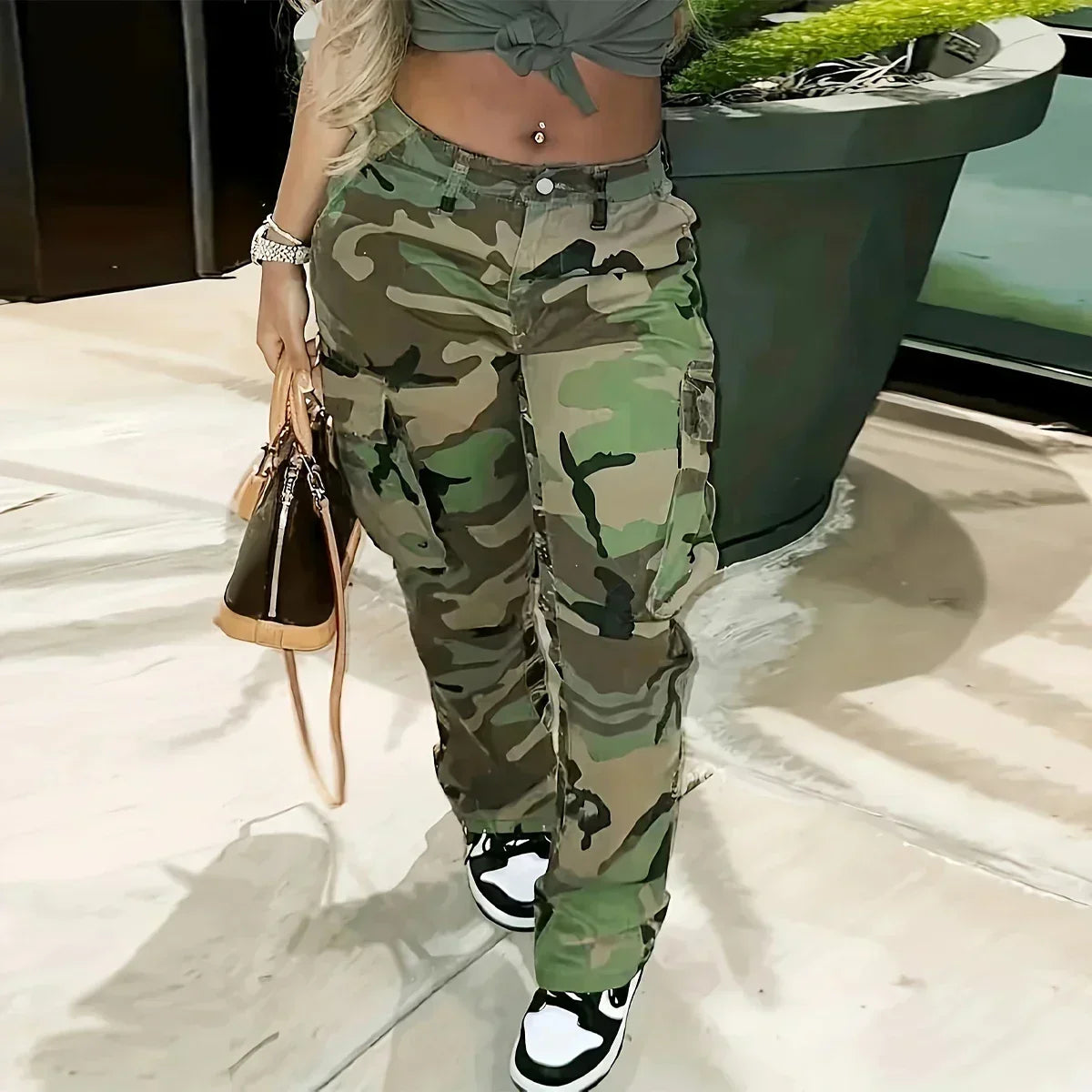 Camo Print Side Flap Pocket Cargo Loose Fit Stretchy Y2K Kpop Denim Women’s & Clothing Jean Army