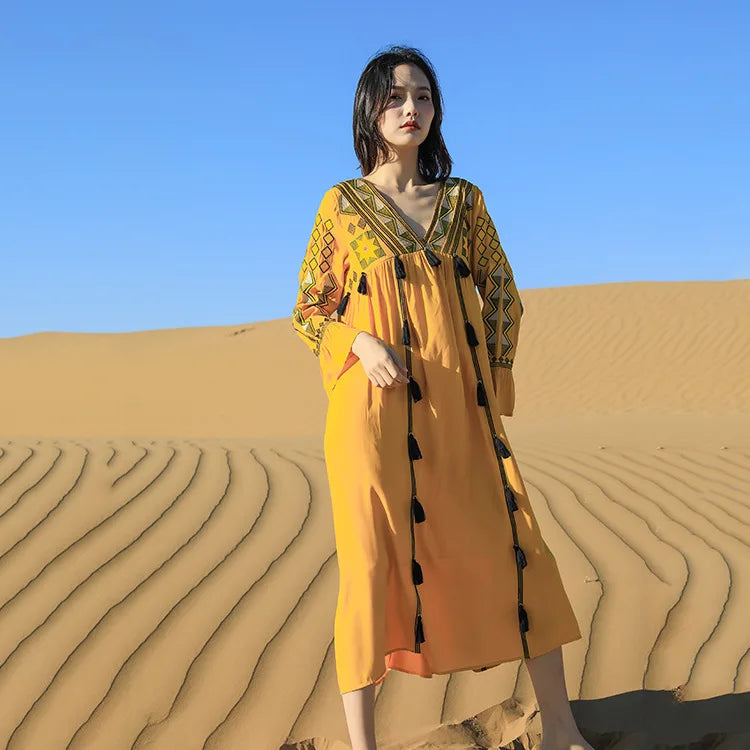 Flare Sleeve Tassel Vintage Style Floral Boho Dress Yellow / S bohodress-250126