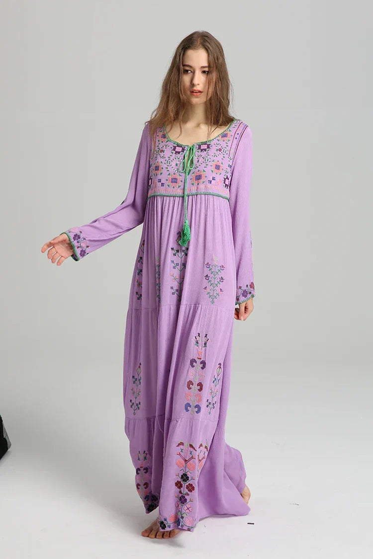 Embroidery Floral Long-sleeved Gypsy Maxi Boho Dress