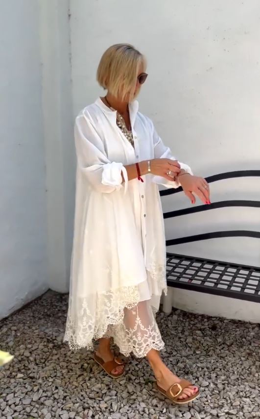 Collared Long Sleeve Linen Cardigan Lace Hem Dress Set 3