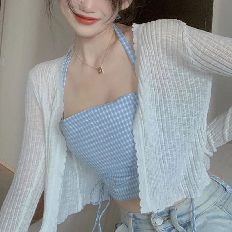 V-Neck Thin Sunscreen Korean Style Knit Summer Cardigan White / One Size cardiagn-250126