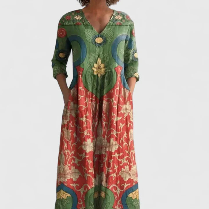 V-Neck Long Sleeve Baroque Floral Pocket Loose Maxi Dress