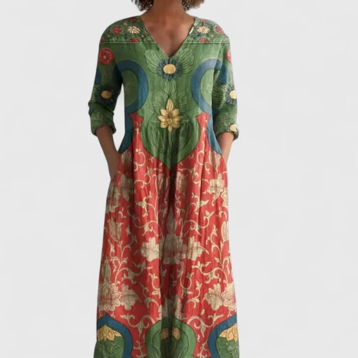 Baroque Floral Print Long Sleeve Pocket Shift Maxi Dress