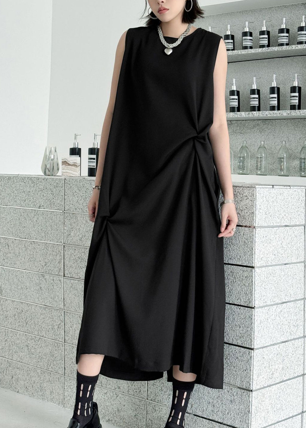 Casual Black O Neck Wrinkled Patchwork Cotton Long Dress Summer