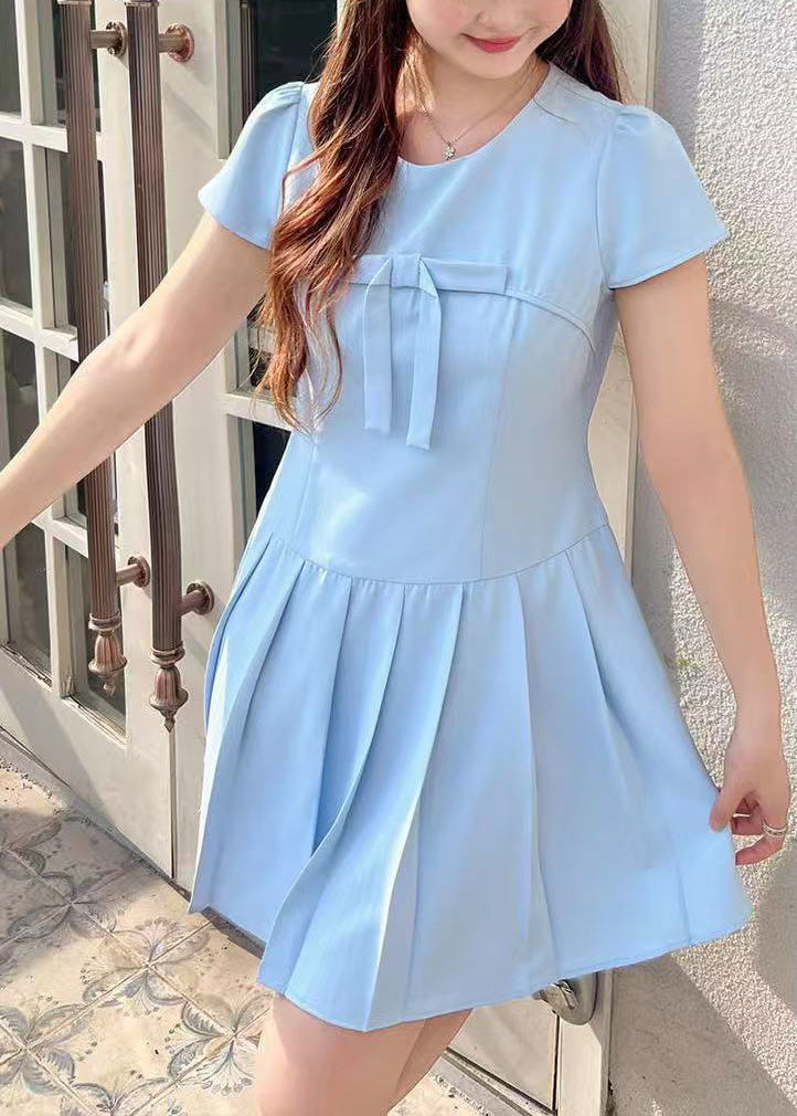 Casual Blue O Neck Bow Cotton Pleated Dress Summer