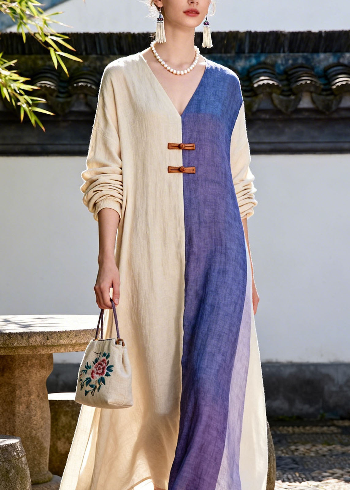 Casual Colorblock V Neck Patchwork Cotton Long Dress