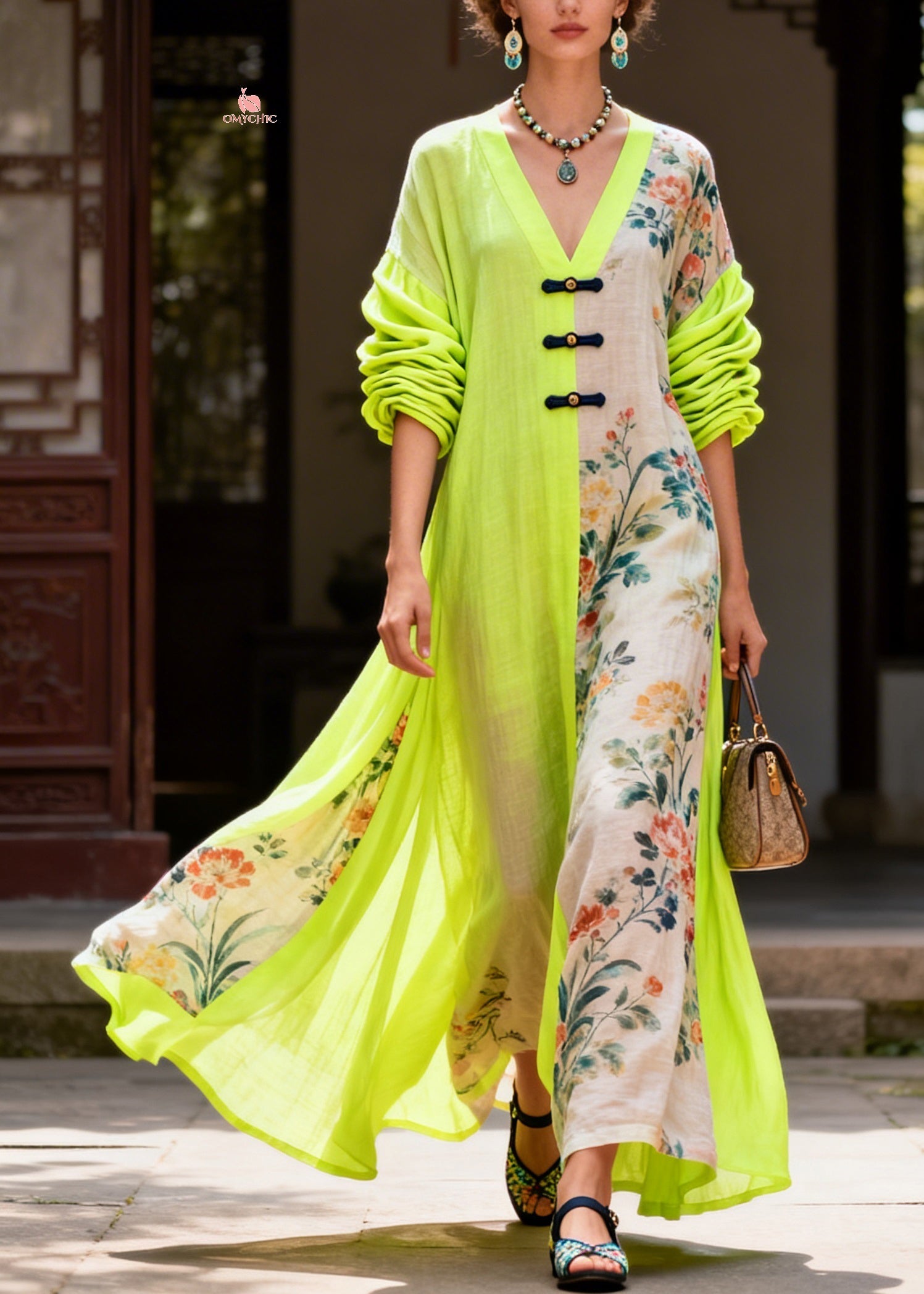 Casual Colorblock V Neck Print Maxi Dresses Fall