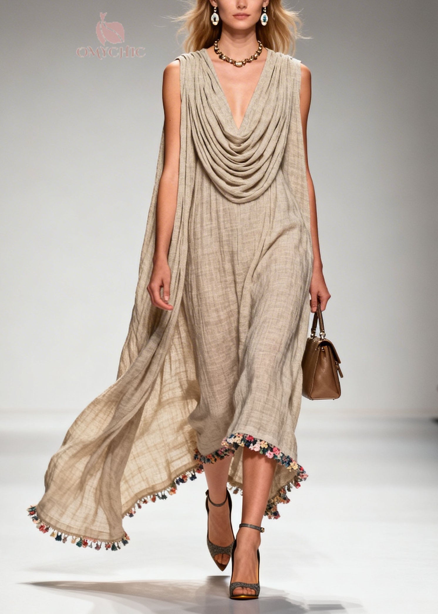 Casual Draped Neckline Floral Patchwork Linen Dress Sleeveless
