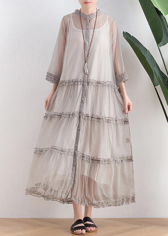 Casual Grey Button O-Neck Ankle Summer Chiffon Dress