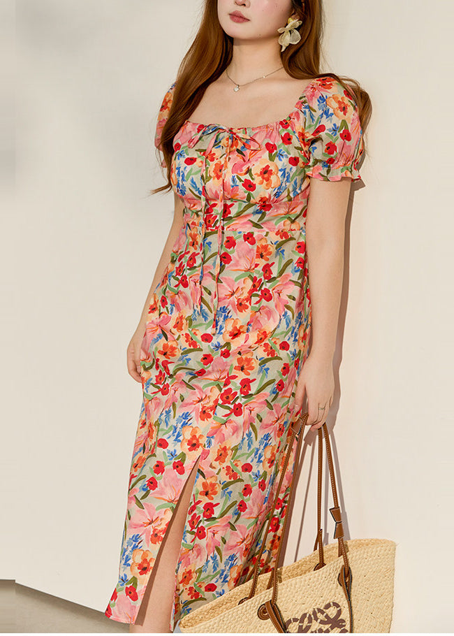 Casual Pink Square Collar Print Cotton Vacation Dresses Summer