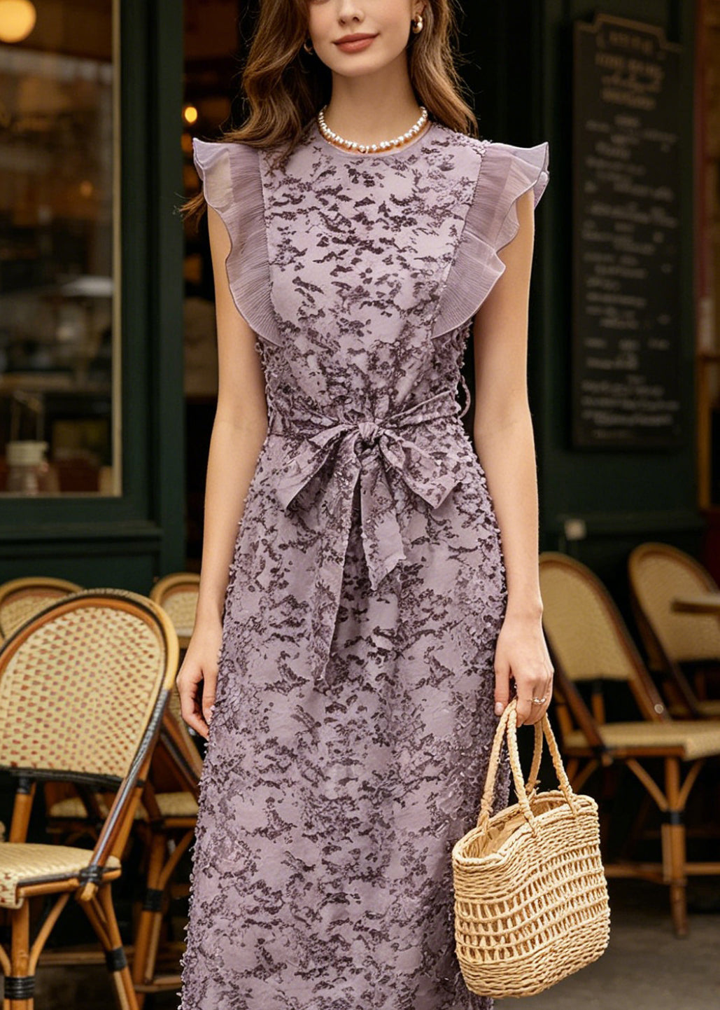 Casual Purple Ruffled Tulle Patchwork Cinched Lace Maxi Dresses Sleeveless