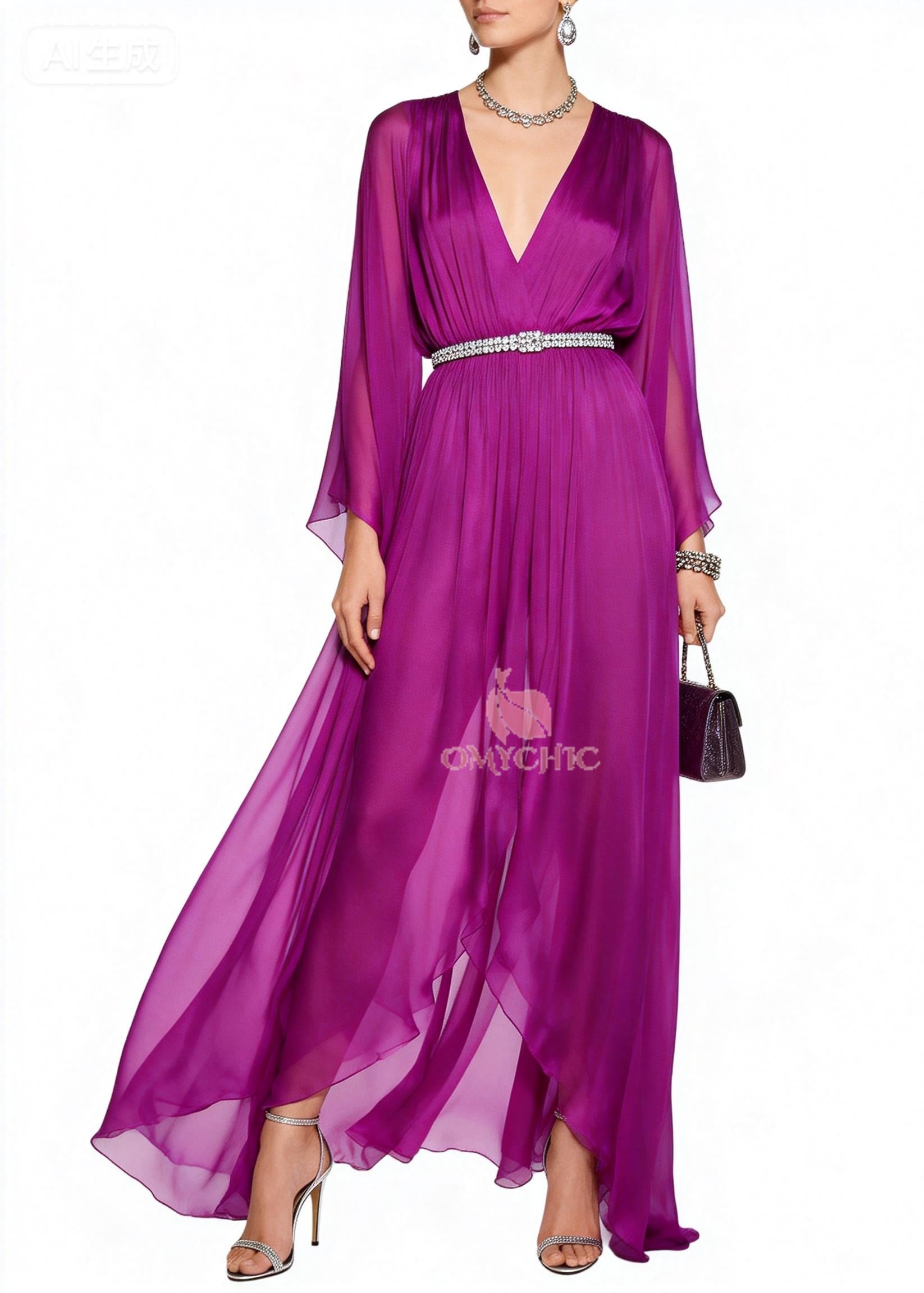 Casual Purple V Neck Draping Chiffon Vacation Dresses Summer