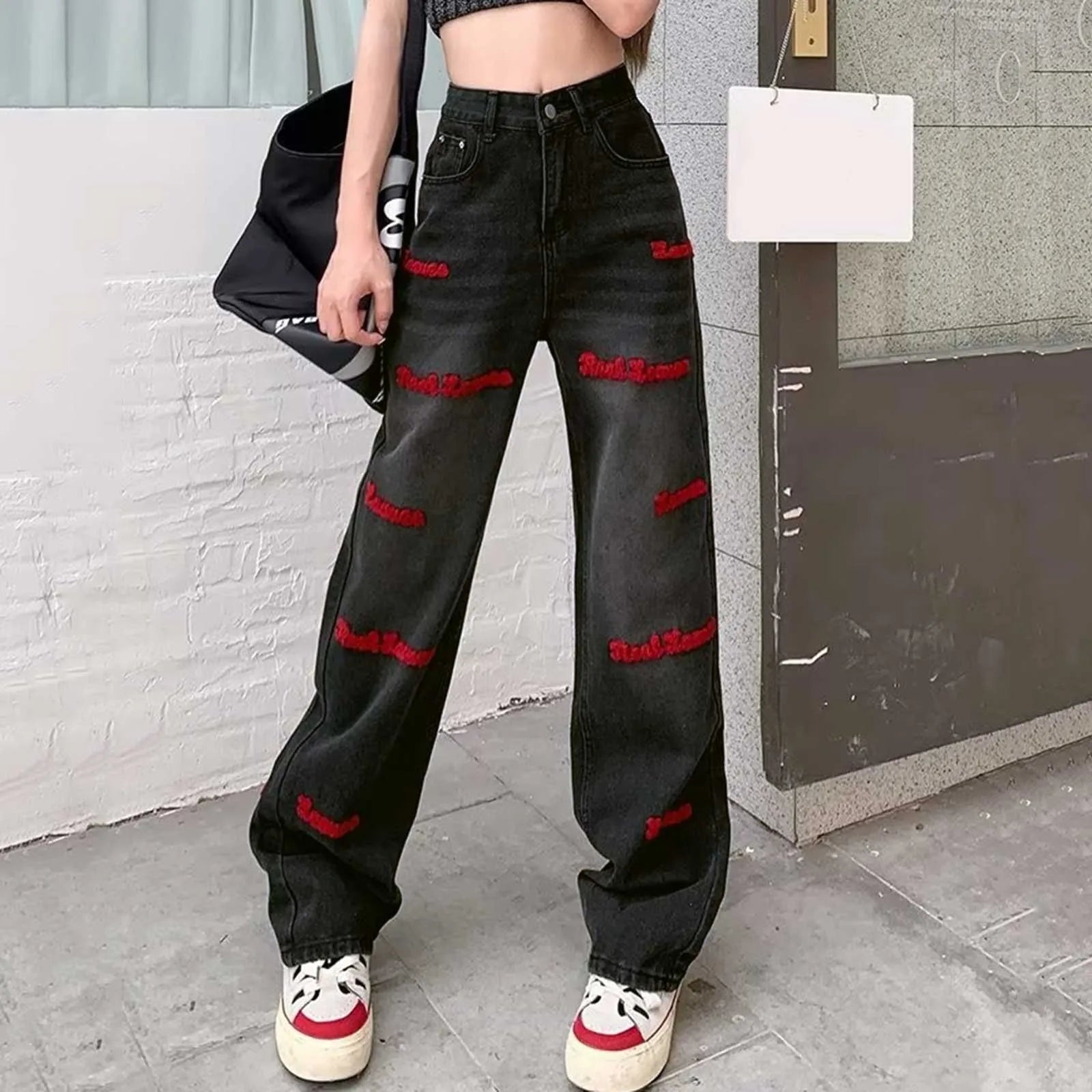 Vintage High Waist Oversize Sweatpants Jeans Red / S