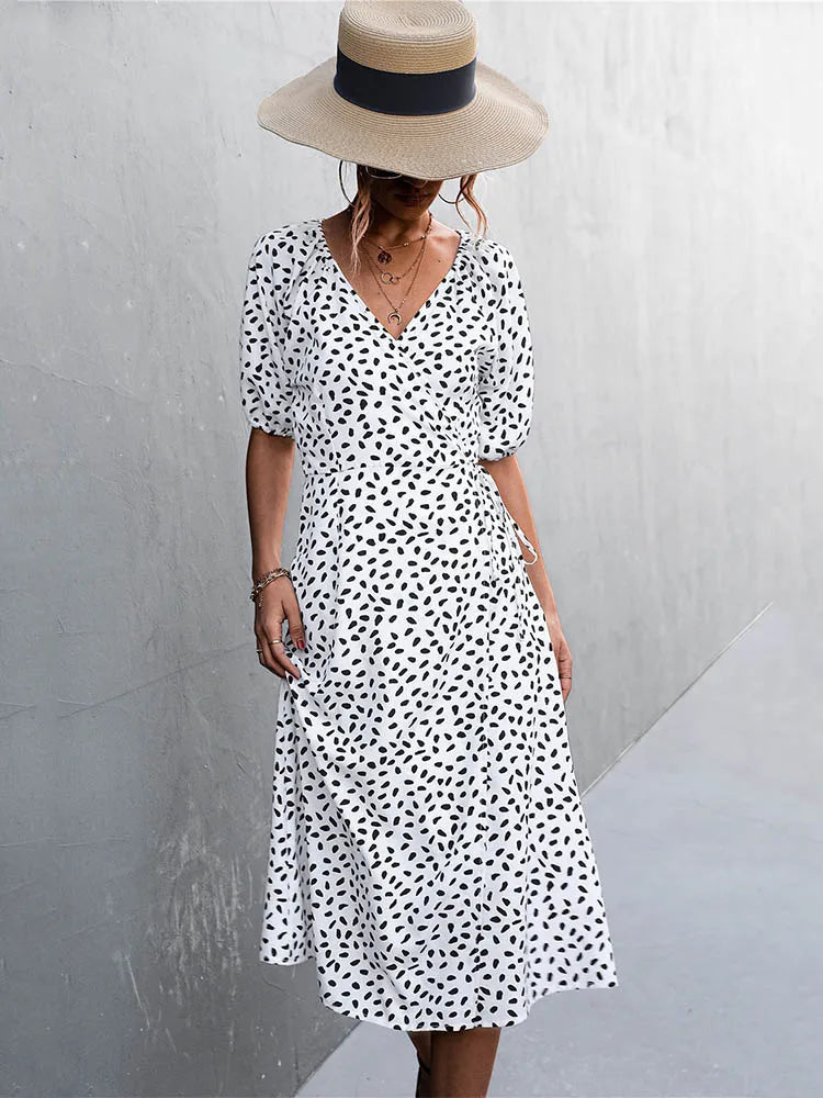 Casual Chiffon Side Wrap Polka Dot Puff Aline Split Midi Dresses