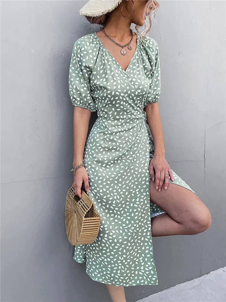 Casual Chiffon Side Wrap Polka Dot Puff Aline Split Midi Dresses