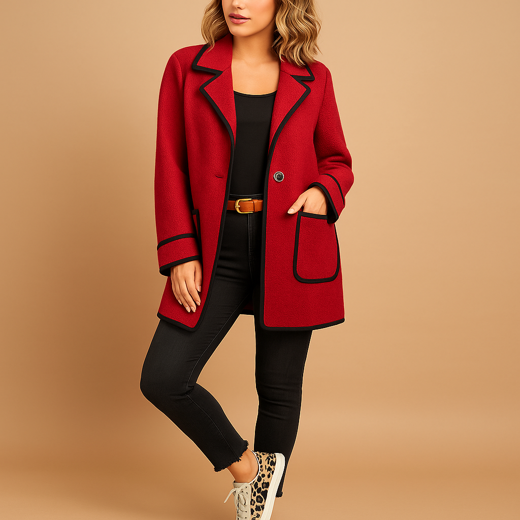 Notch Lapel Contrast Piping Single Button Flap Pocket Blazer
