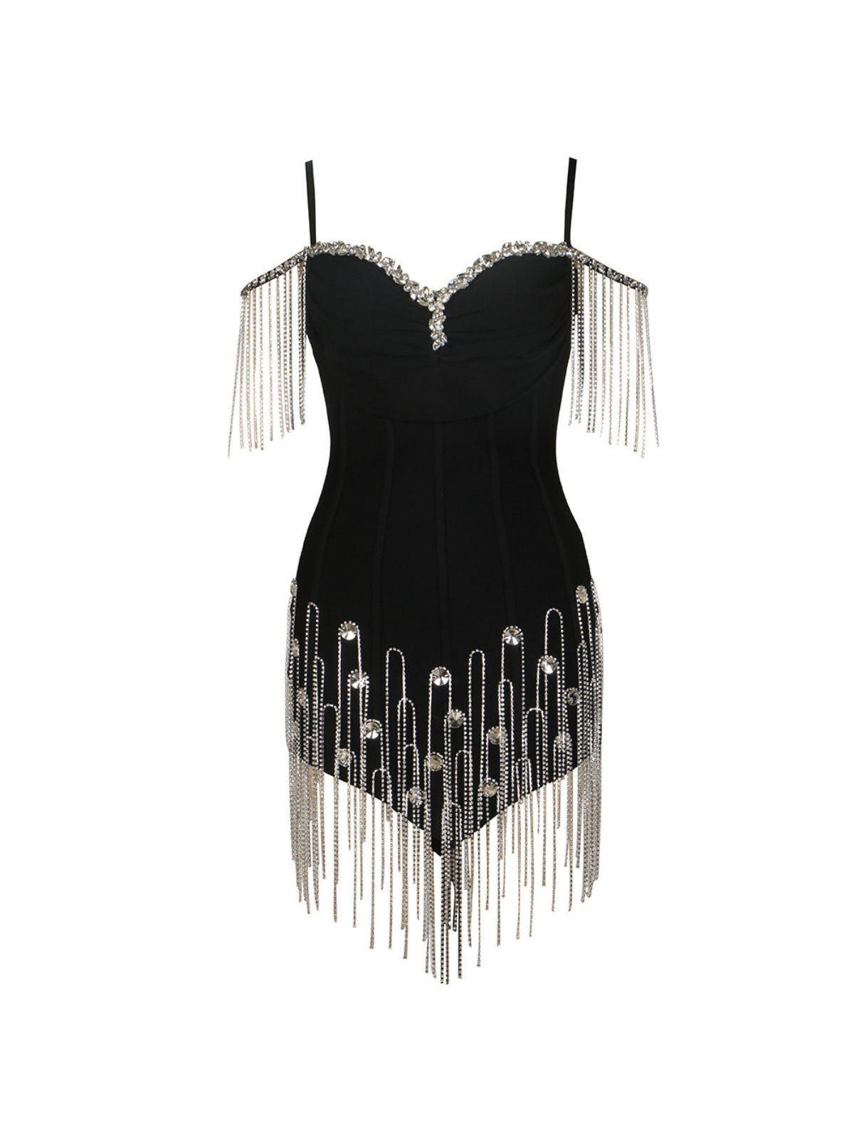 Sweetheart Rhinestone Strap Crystal Fringe Bandage Bodycon Mini Dress