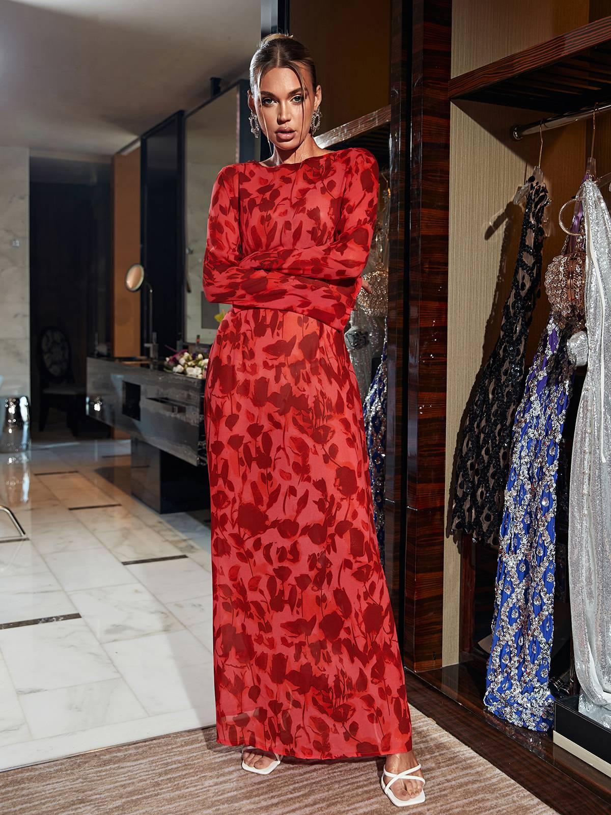 Long Sleeve Rose Printed Maxi Dress