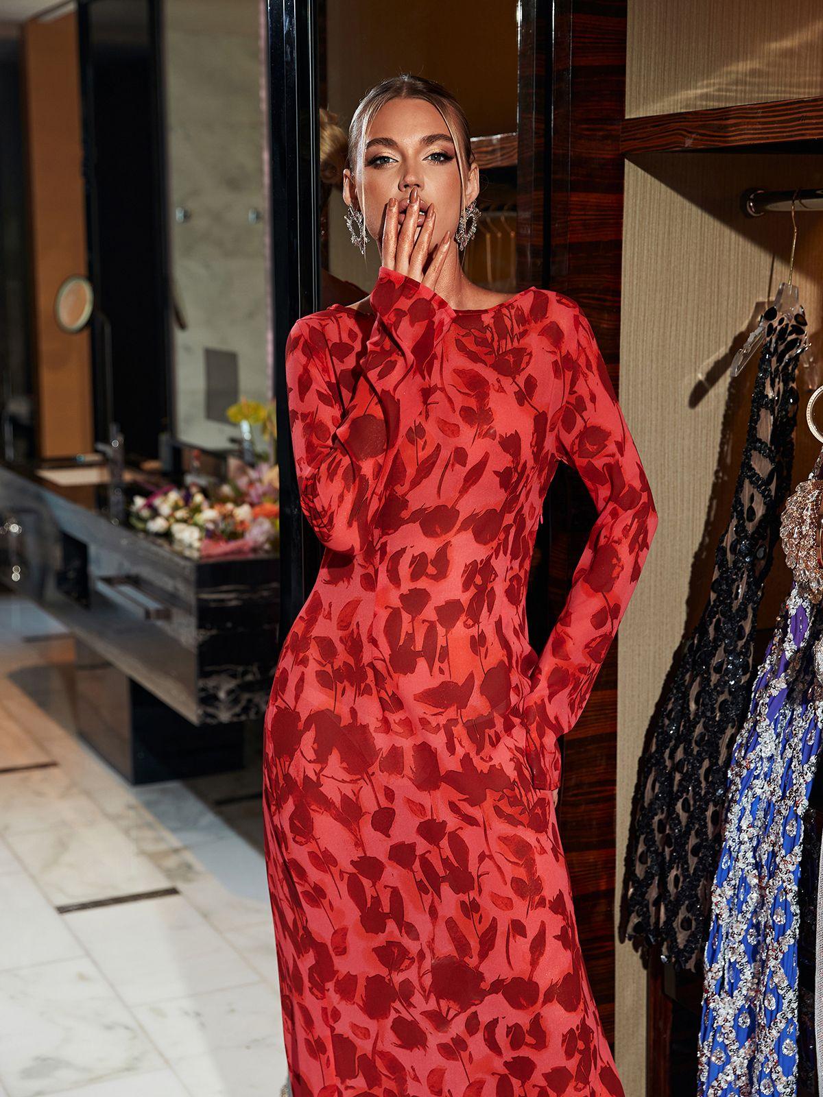 Long Sleeve Rose Printed Maxi Dress