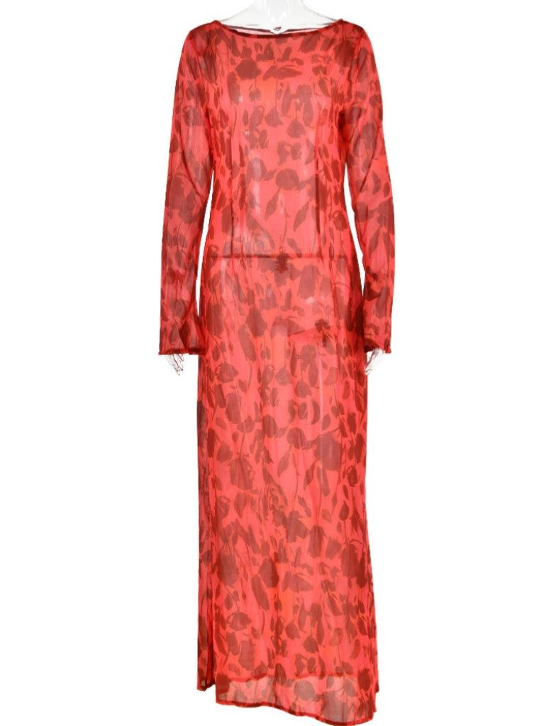 Long Sleeve Rose Printed Maxi Dress
