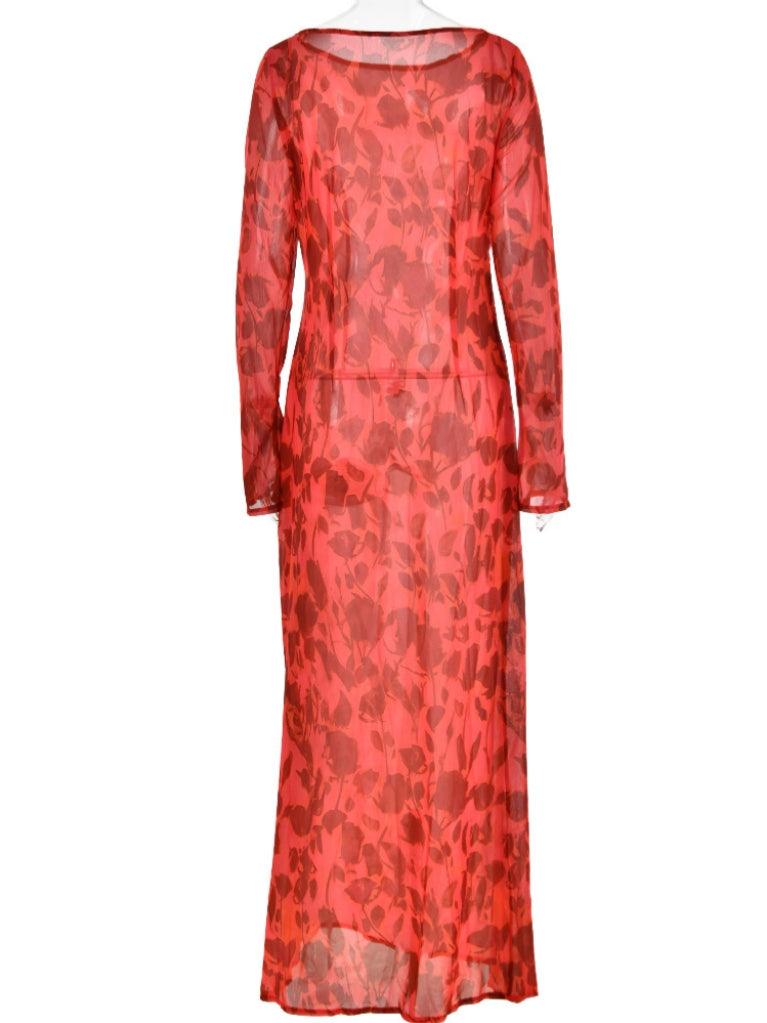 Long Sleeve Rose Printed Maxi Dress