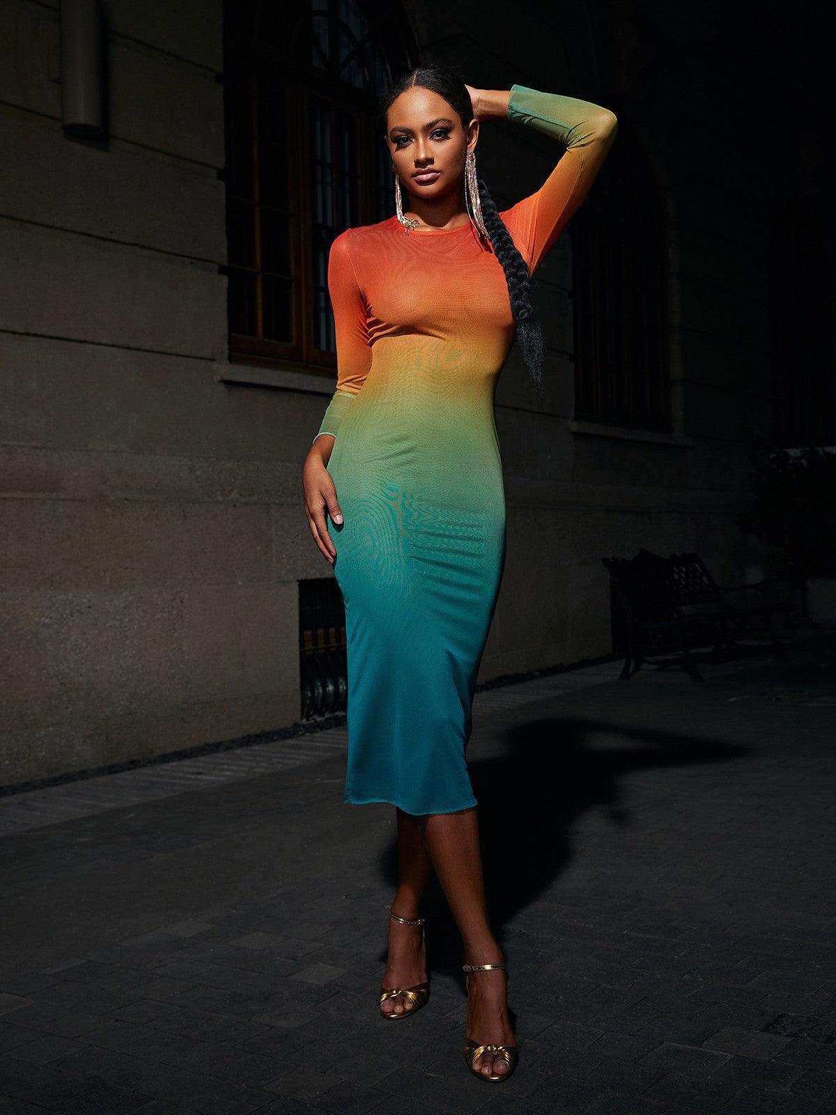 Crew Neck Long Sleeve Ombre Mesh Bodycon Midi Dress