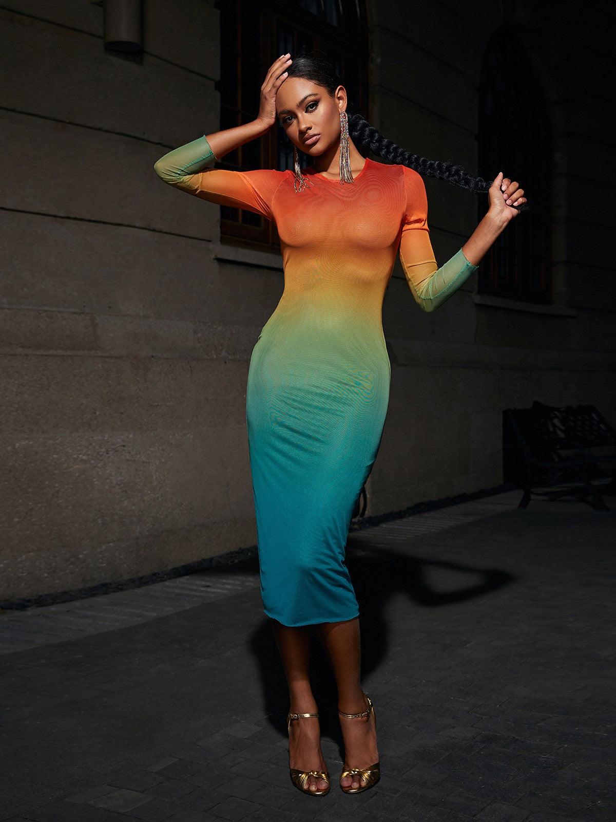 Crew Neck Long Sleeve Ombre Mesh Bodycon Midi Dress
