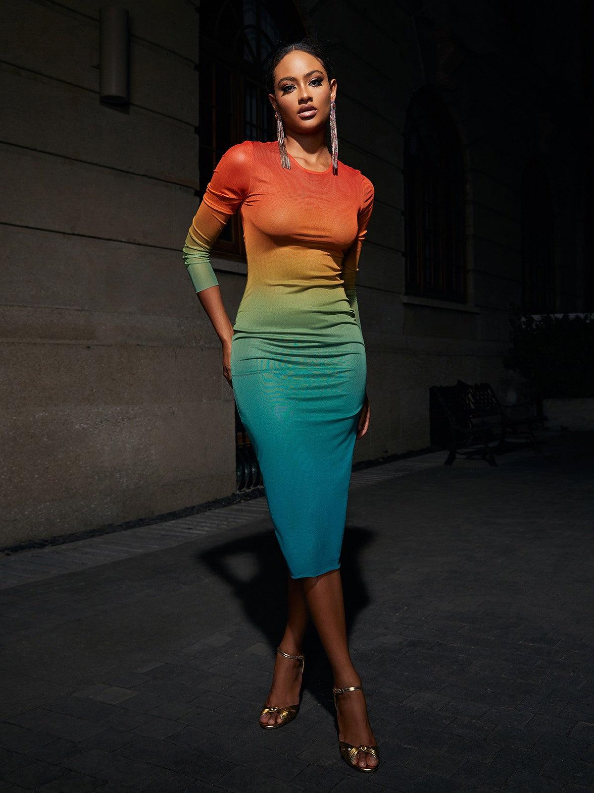 Crew Neck Long Sleeve Ombre Mesh Bodycon Midi Dress
