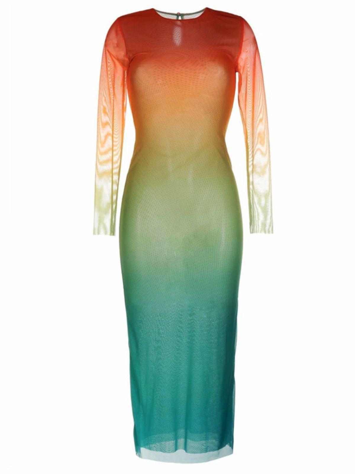 Crew Neck Long Sleeve Ombre Mesh Bodycon Midi Dress