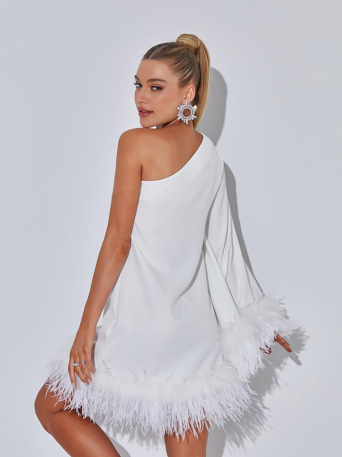 One Shoulder Feather Trim Draped Sleeve Shift Mini Dress