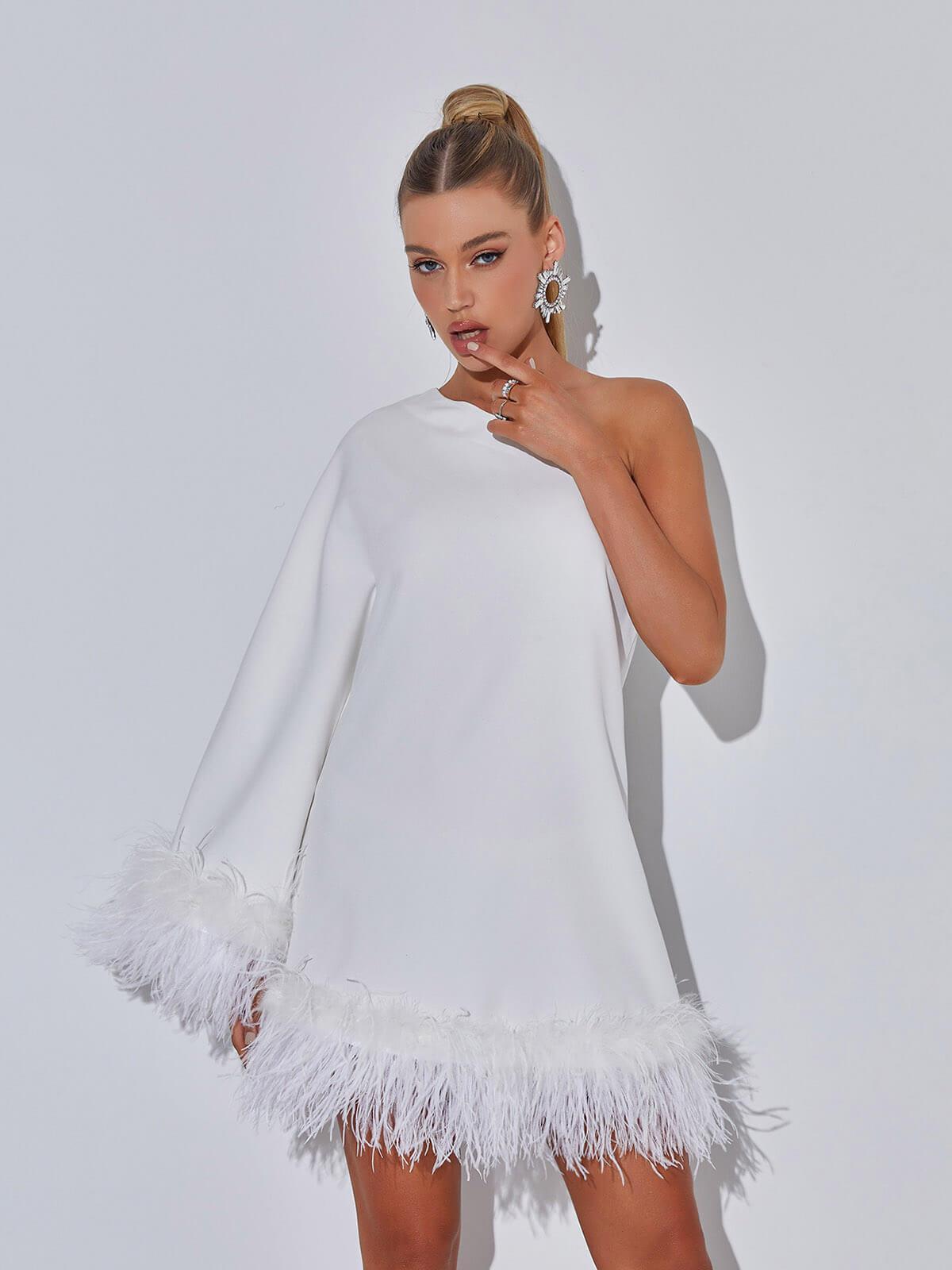 One Shoulder Feather Trim Draped Sleeve Shift Mini Dress
