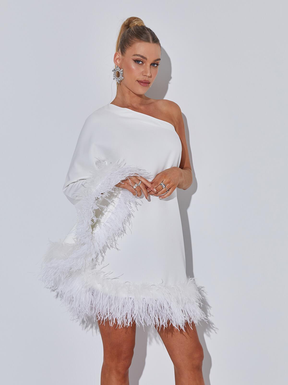 One Shoulder Feather Trim Draped Sleeve Shift Mini Dress