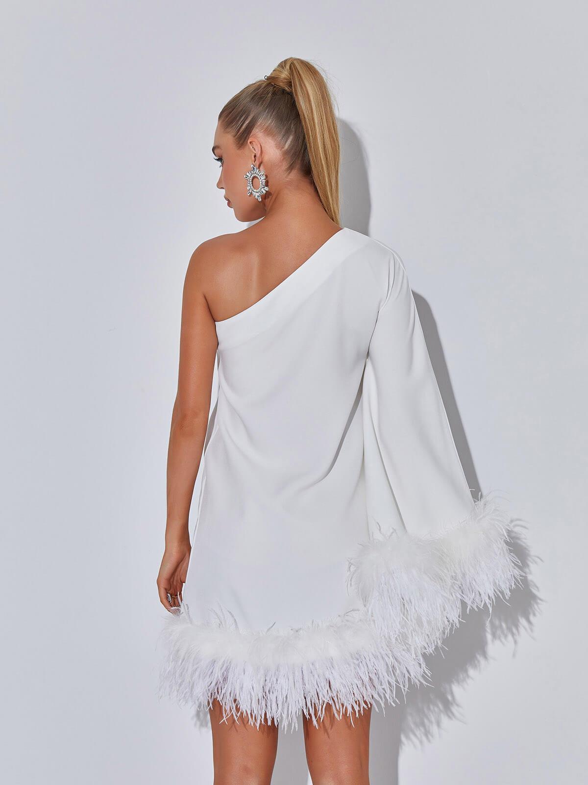 One Shoulder Feather Trim Draped Sleeve Shift Mini Dress