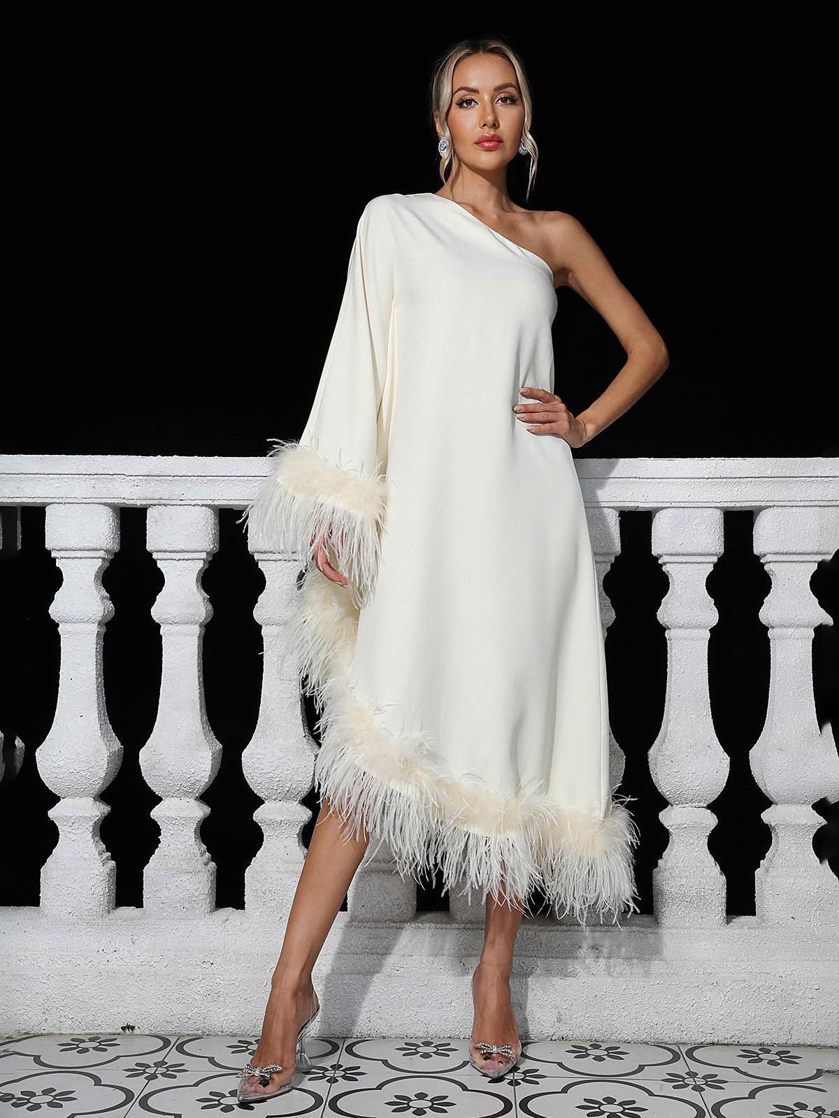 One Shoulder Feather Trim Draped Sleeve A-Line Midi Dress