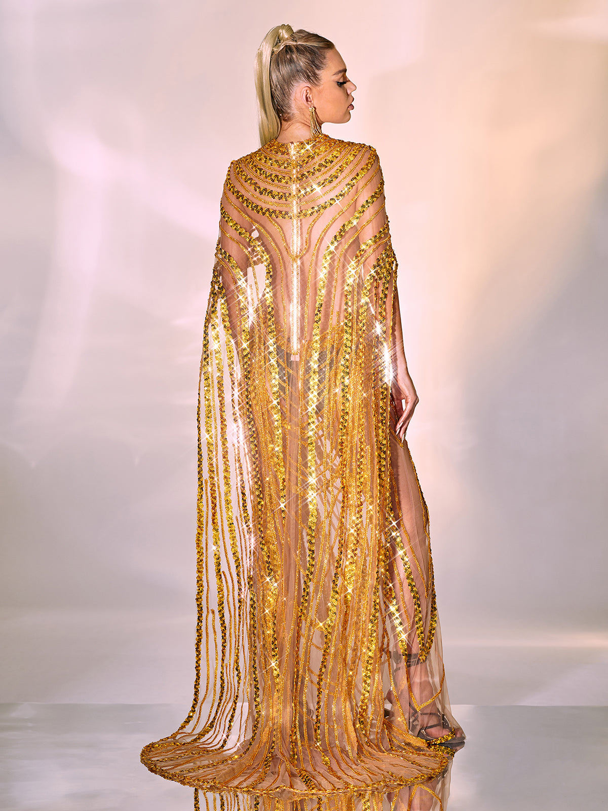 V-Neck Sequin Beaded Chain Illusion Cape Sleeve Mermaid Maxi Gown 5